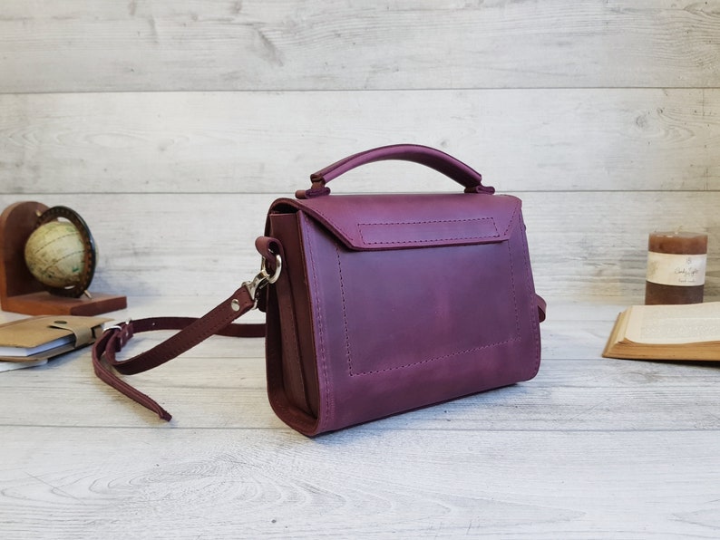 Small leather crossbody bag women, handmade purple shoulder purse, cute leather cross body handbags, personalized gift for her image 3