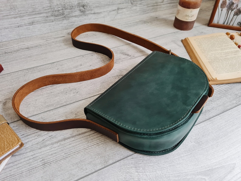 Leather crossbody bag women, saddle leather purse, small green leather shoulder bag, handmade leather handbags, personalized gifts for her image 3