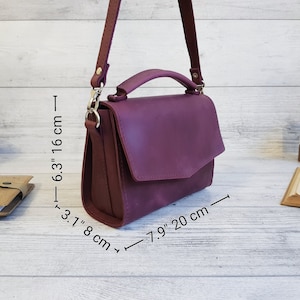 Small leather crossbody bag women, handmade purple shoulder purse, cute leather cross body handbags, personalized gift for her image 5