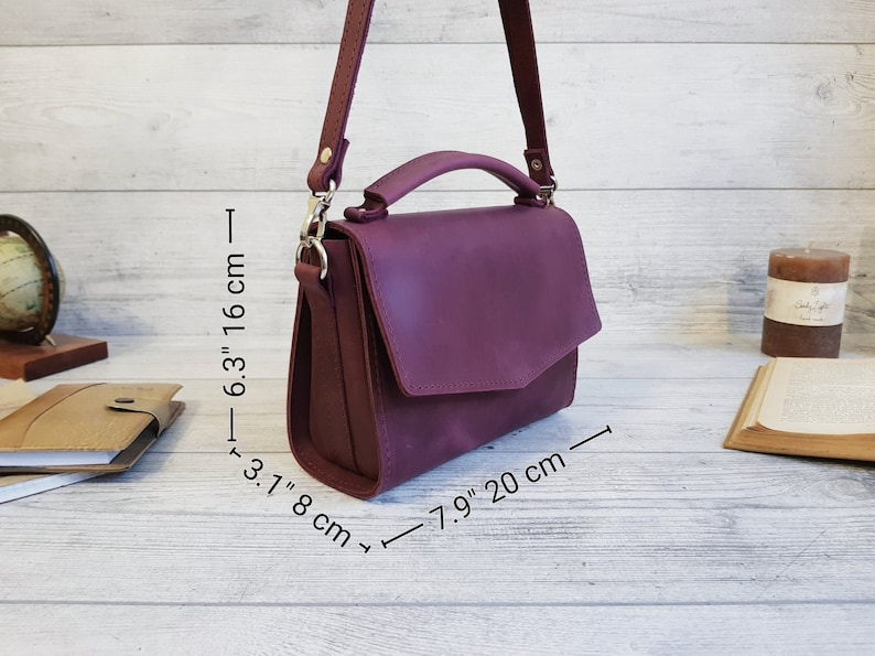 Small leather crossbody bag women, handmade purple shoulder purse, cute leather cross body handbags, personalized gift for her image 5