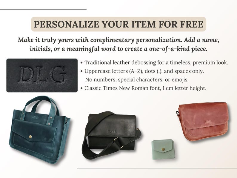 May include: A collection of leather bags and a wallet featuring a personalization guide. The image displays a teal tote, a black crossbody bag, a light green wallet, and a brown shoulder bag. Text includes 'PERSONALIZE YOUR ITEM FOR FREE'.