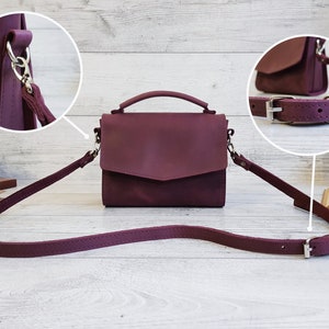 Small leather crossbody bag women, handmade purple shoulder purse, cute leather cross body handbags, personalized gift for her image 7