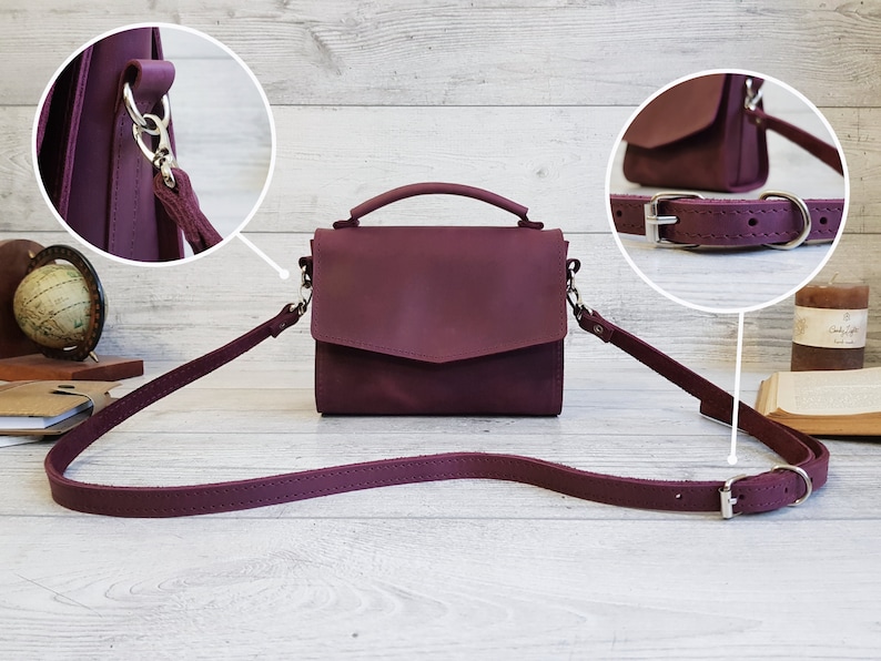 Small leather crossbody bag women, handmade purple shoulder purse, cute leather cross body handbags, personalized gift for her image 7