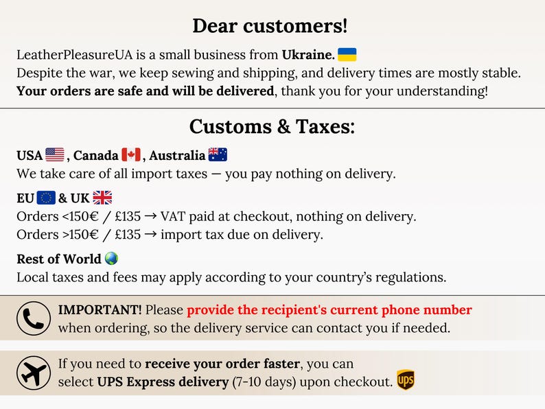 Puede incluir: Un gr&aacute;fico informativo con texto negro sobre un fondo claro. Incluye secciones tituladas Dear customers!, Customs & Taxes, y contiene iconos de un tel&eacute;fono y un avi&oacute;n. Detalla las operaciones comerciales, los impuestos y el env&iacute;o de pedidos.
