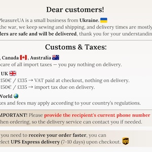 K&ouml;nnte beinhalten: Text auf cremefarbenem Hintergrund. Der Text lautet "Sehr geehrte Kunden!" gefolgt von Informationen &uuml;ber ein kleines Unternehmen aus der Ukraine, Zoll und Steuern. Enth&auml;lt eine Telefonnummernanfrage und die Option UPS Express-Versand.