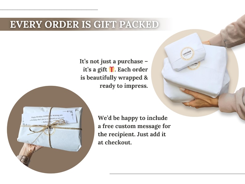 May include: White paper gift packaging with a circular sticker label reading LEATHER PLANNING. One package is tied with thin twine and includes a white rectangular gift tag with printed text. The text reads EVERY ORDER IS GIFT PACKED.