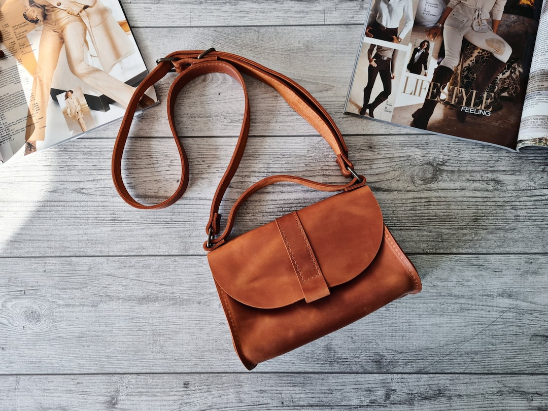 Cherry Red Leather Crossbody Bag With Pink & Orange Triangle Strap