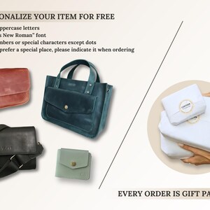 May include: An assortment of leather bags and wallets in various colors, including brown, teal, and black. The image also shows gift-wrapped packages. Text on the image reads "PERSONALIZE YOUR ITEM FOR FREE" and "EVERY ORDER IS GIFT PACKED."