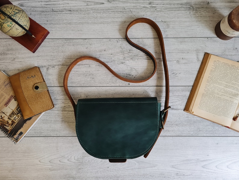 Leather crossbody bag women, saddle leather purse, small green leather shoulder bag, handmade leather handbags, personalized gifts for her image 2