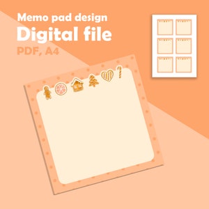 May include: A printable digital memo pad design featuring a gingerbread theme. The design includes a gingerbread man, a gingerbread house, a Christmas tree, a heart, and a candy cane. The memo pad is on a peach background with white polka dots.