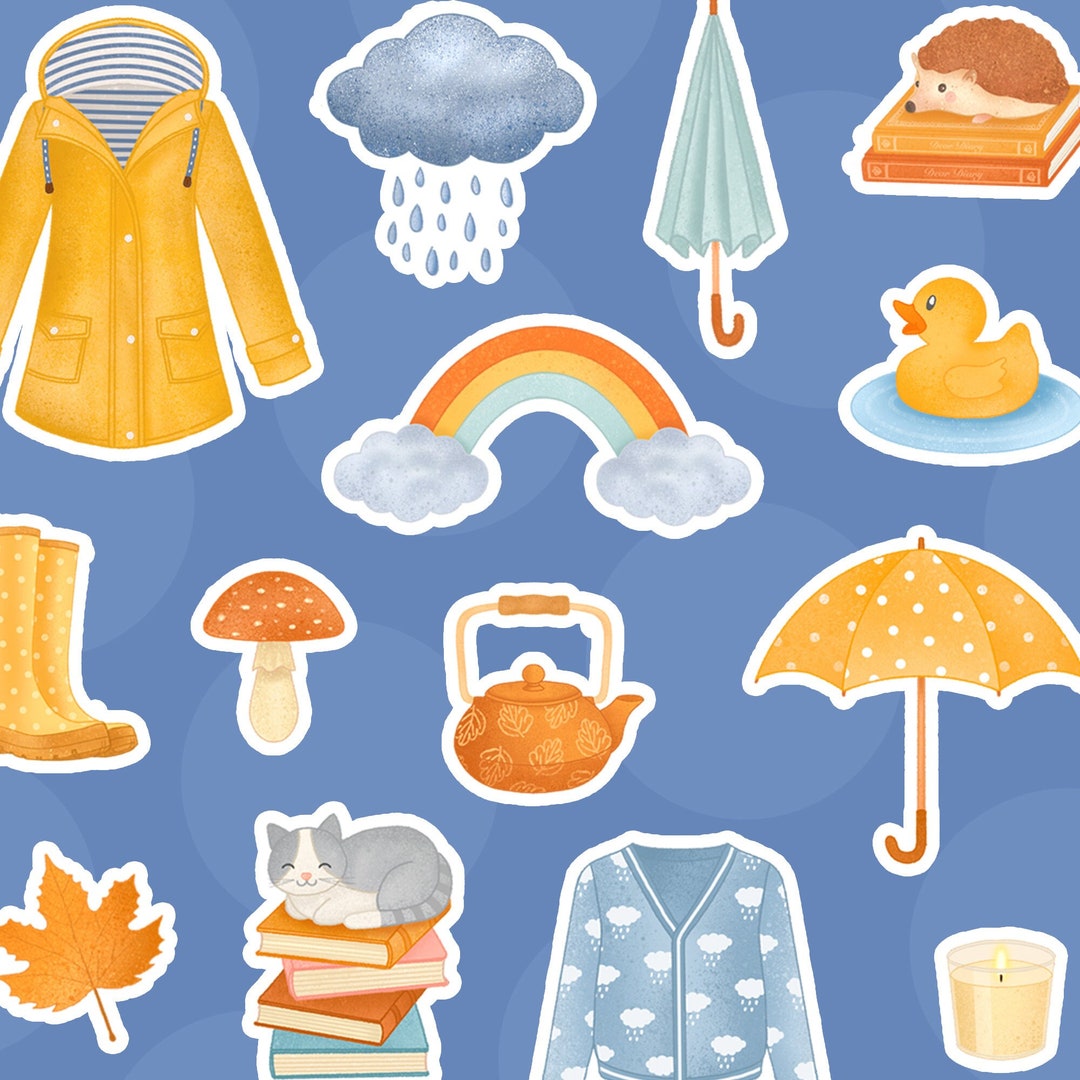 Rainy Day Glossy Stickers | 14 PCS Fall Sticker Pack - Etsy