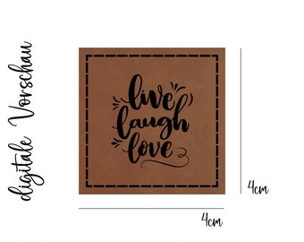 Artificial leather label - live laugh love - size 4 x 4 cm, cognac brown, soft & flexible