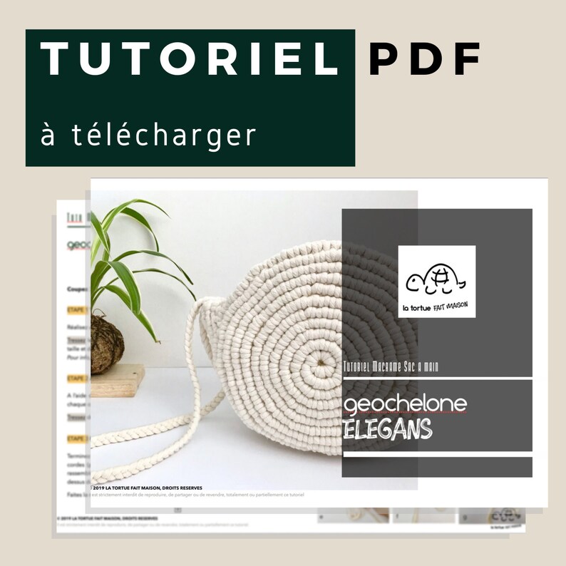 May include: A white crocheted bag with a round shape and a long strap. The bag is made with a macrame technique and has a simple, elegant design. The image includes the text "geochelone ELEGANS" and "la tortue fait maison".