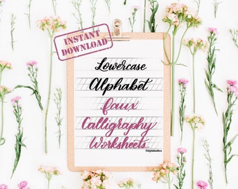 May include: A printable worksheet with a white background and black grid lines. The text "Lowercase Alphabet faux Calligraphy Worksheets" is written in black cursive font. The text "INSTANT DOWNLOAD" is in a purple rectangle with rounded corners.
