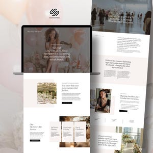Può includere: Un laptop mostra un sito web Squarespace che presenta servizi di pianificazione di eventi. Il sito presenta immagini di eventi, il testo "Creiamo esperienze INDIMENTICABILI" e un logo. Il sito web è su sfondo bianco.