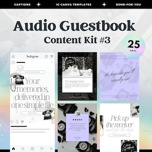 May include: Promotional image for an audio guestbook content kit. The image features the text "Audio Guestbook Content Kit #3" and includes mockups of Instagram posts and other promotional materials. The color scheme is primarily black, white, and purple.