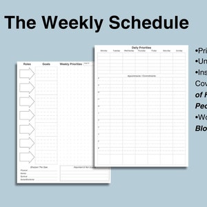 Puede incluir: Un planificador semanal imprimible con secciones para roles, objetivos, prioridades semanales, prioridades diarias, citas y compromisos. El planificador está inspirado en los Siete Hábitos de la Gente Altamente Efectiva de Steven Covey y funciona con el método de planificación de bloques de tiempo.