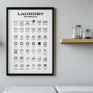 Poster symbolen wasverzorgingssymbolen | Minimalistische, matte gicleeprint van museumkwaliteit | Muurkunst wasruimte | Pictogrammentabel wasverzorging