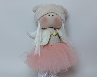 doll tilda angel textile handmade toy in pink and beige