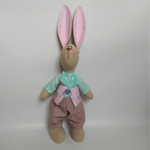 Bunny Tilda boy textile toy, rabbit doll with logh hairs