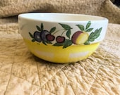Vintage Crock Shop Santa Ana Pottery Mixing Bowl, Yellow Checkered, Fruit Motif