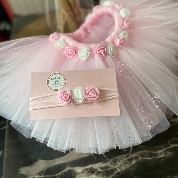 Flower pink girls  tutu  , pastel tutu , rose glitter tutu , unicorn and headband extra ,sparkly tutu, Mermaid tutu , bridesmaid tutu ,