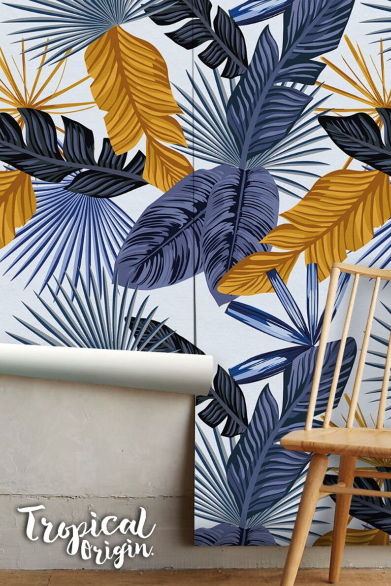 Blue Palm Leaves Removable Wallpaper Exotic Style Gold Etsy