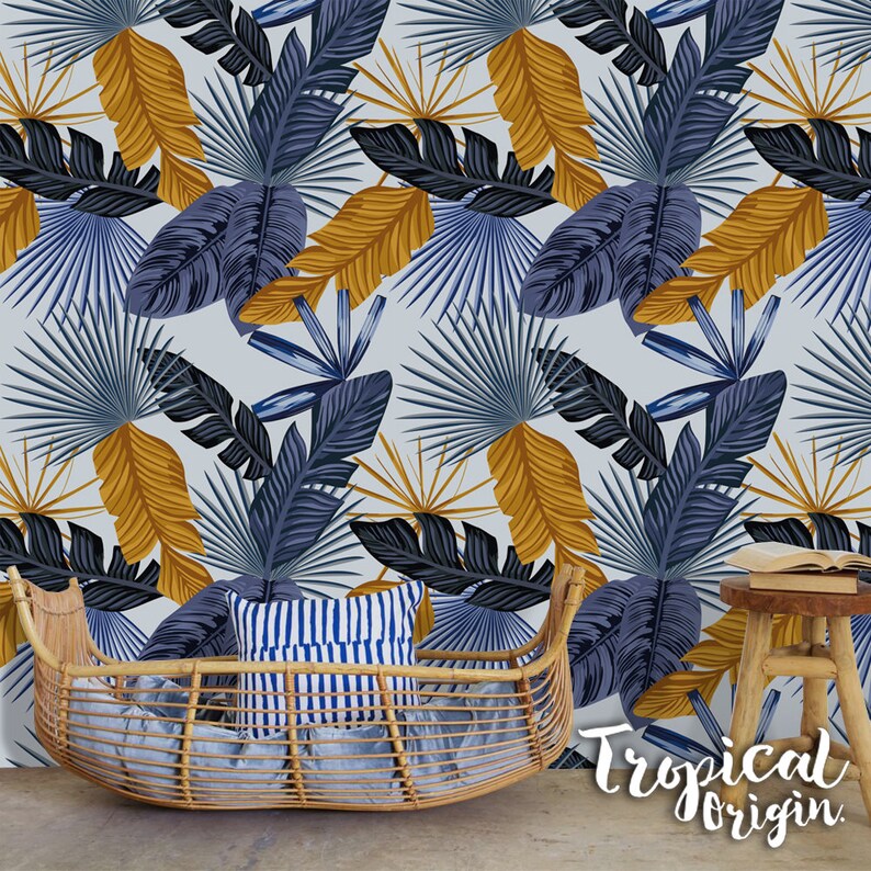 Blue Palm Leaves Removable Wallpaper Exotic Style Gold Etsy