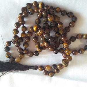Tiger Eye Japa Mala: 108 Bead Meditation Tassel Necklace