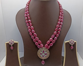Collar de rubí natural con colgante de oro rosa y cuentas de piedras preciosas AAA