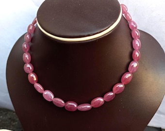 Natural Pink Ruby Oval Bead Necklace Handmade Healing Crystal Jewelry