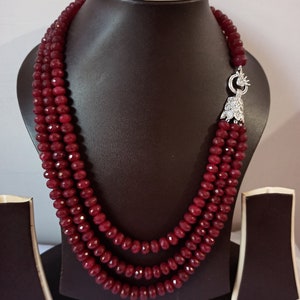 Ruby Dyed Faceted Rondelle Beads Necklace 7x7 - 9x9 mm 705 Carat Gemstone Beads With Brooch Necklace