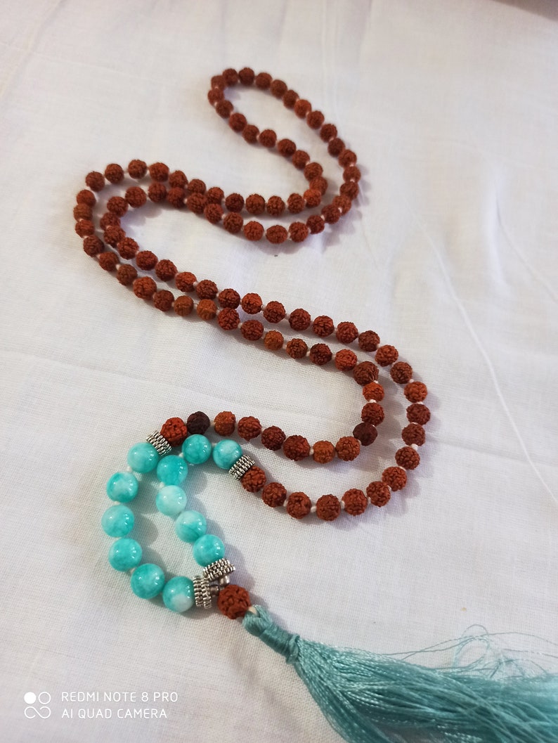 Rudraksha Japa Mala Genstone Round Beads Japa Mala Guru bead Long Tassel Necklace