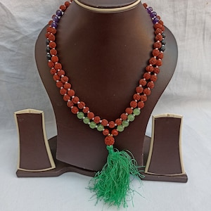 Rudraksha Japa Mala Necklace: 108 Gemstone Beads, Long Tassel