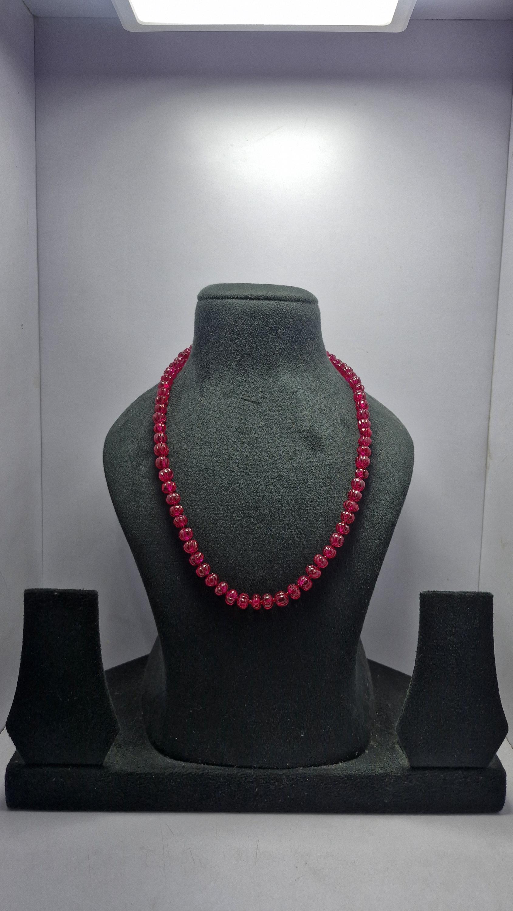 thumbnail image 2 of 932.50 Ct Genuine Ruby 3-Strand Carved Beads Necklace – Earth Mined – Red – JaipurJewels 2 of 6