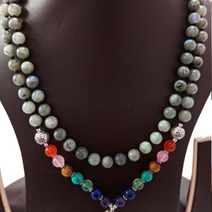 Seven Chakra labradorite Japa Mala Prayer Beads 108 Beads Round Beads Japa Mala Guru bead