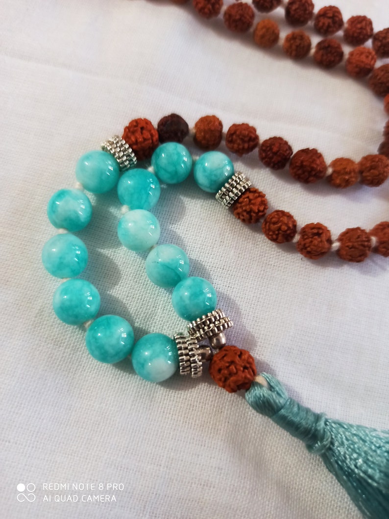 Rudraksha Japa Mala Genstone Round Beads Japa Mala Guru bead Long Tassel Necklace