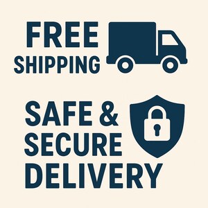 May include: A navy blue graphic with the words "FREE SHIPPING" above a truck icon. Below, the text "SAFE & SECURE DELIVERY" is displayed with a shield icon featuring a padlock.