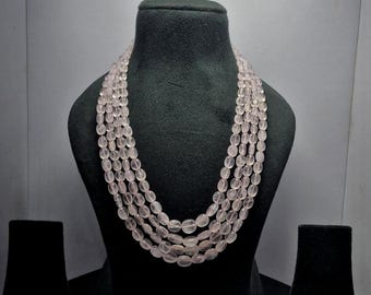 Pink Rose Quartz Necklace: Gemstone Oval Mani Beads, Adjustable Cord