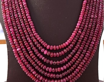 902 Carat Natural Ruby Necklace: 7-Strand Rondelle Beads, 19" Handmade Jewelry