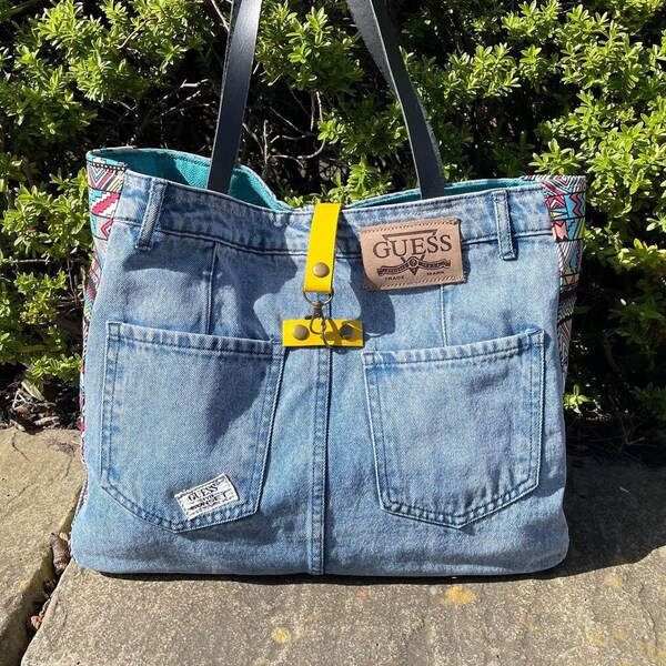 Recycled Denim Shoulder Bag//Everyday Shopper//Aztec Fabric Casual Style Tote//Guess Upcycling Jeans Bag//Leather Handles