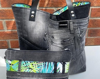 Grijze gerecyclede denim tas//Calvin Klein Upcycled Jeans//Zero Waste//Duurzame schoudertas//zakje met ritssluiting//Lederen handvatten