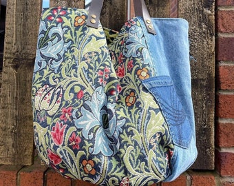 Recycled Denim & Tapestry Tote Bag//Durable Shopping Bag//Reversible//Leather Handles