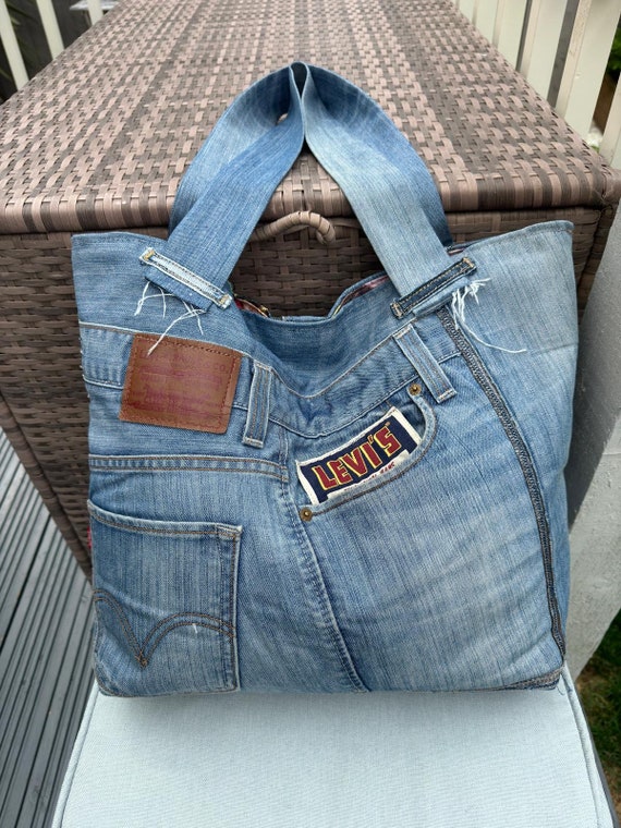 Upcycled Denim Tote Bag levis Jeans Shoulder Bag everyday Shopper patchwork zero Waste Etsy