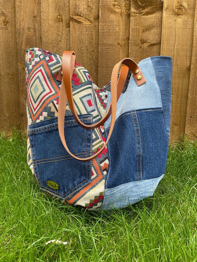 Aztec Denim Tote Bag tapestry Shoulder Bag patchwork recycled