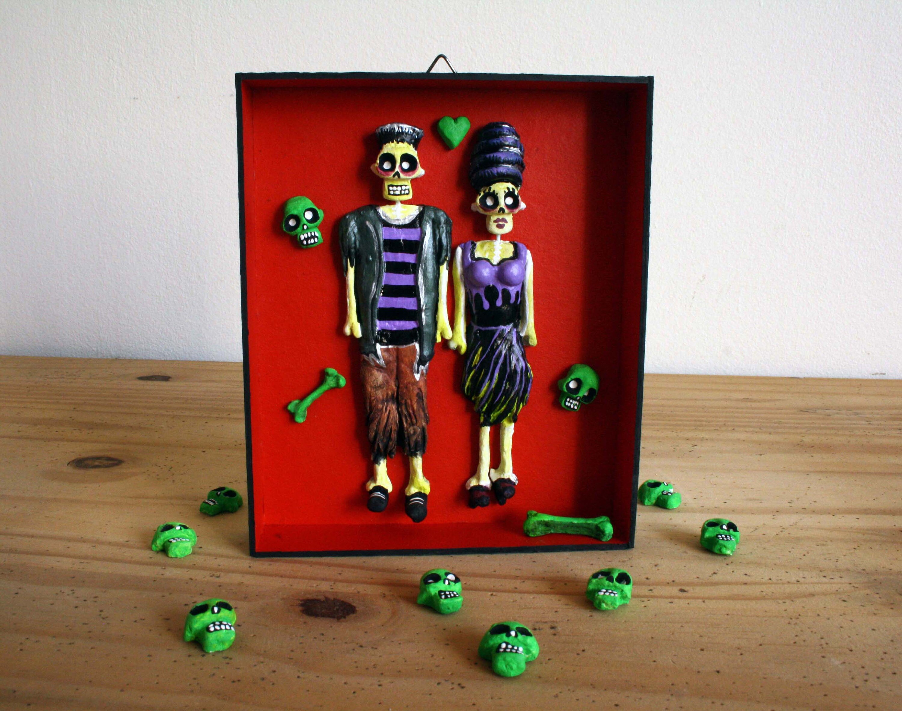 Halloween, Frankenstein, Love Box, Figurines, Couple, Skeleton, Art Skull, Fait Main, Création Artis