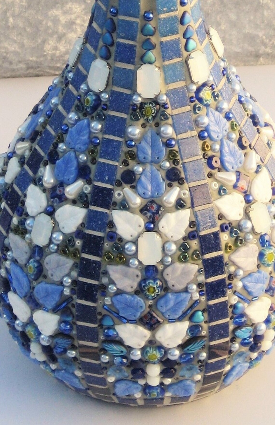 Decorative Blue Mosaic Vase with glass tiles leaves pearls Etsy