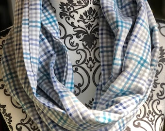 Hand made infinity scarf, white, blue, and gray plaid design, flannel fabric, super soft!