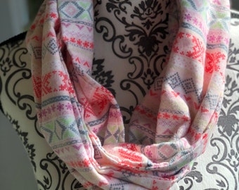 Hand made infinity scarf, pink Nordic design, flannel fabric, super soft!