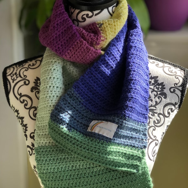Hand crocheted scarf, winter scarf, handmade, multicolored in purple, green, blue, and yellow acrylic yarn, machine washable, soft!